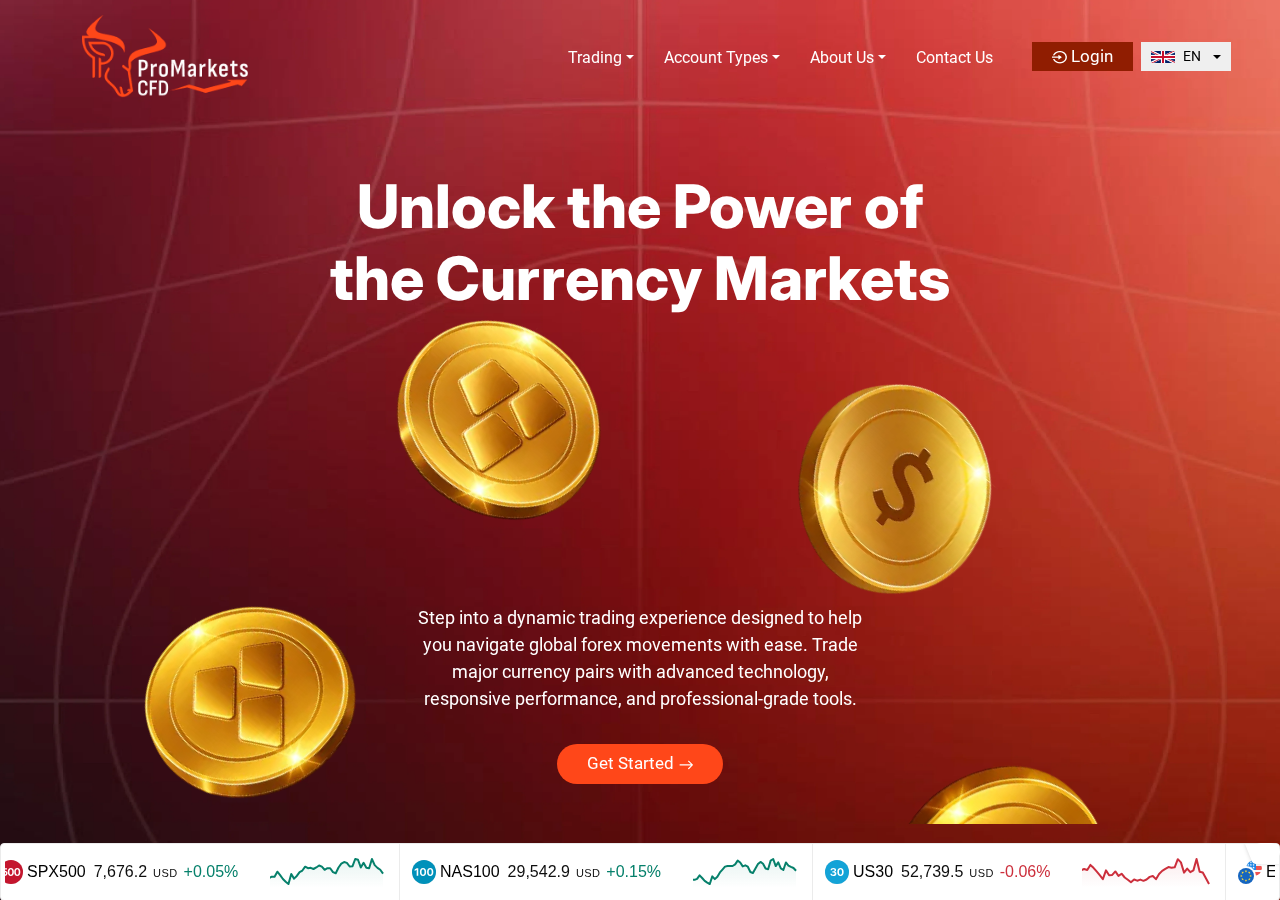 La homepage e la piattaforma di trading di ProMarketsCFD