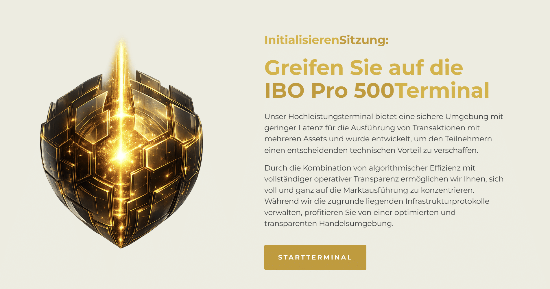 Startansicht der IBO Pro 500 Terminal-Plattform, die die Handelsinfrastruktur mit niedriger Latenz und die sichere Betriebsumgebung hervorhebt.
